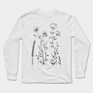 Simple Black and White Flowers and Leaves Design Long Sleeve T-Shirt